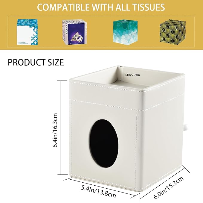 Tissue Box Cover with Storage Tray Square Tissue Box Holder PU Leather Facial Tissues Organizer Tray for Bathroom Vanity Bedroom Office Car,Stylish Napkin Caddy Decorative Organizer,Cream White