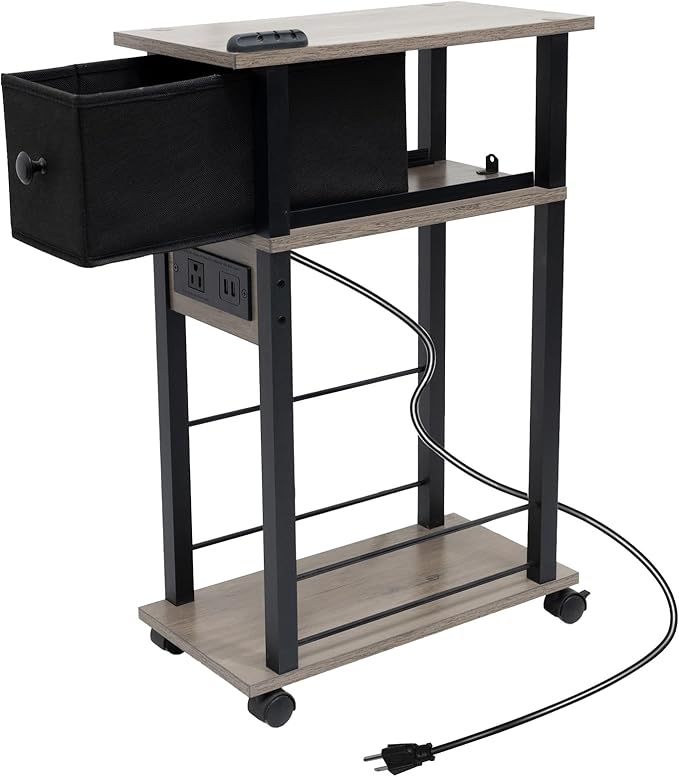Narrow Side Table (1PC) - Grey & Black Two-Tone End Table with Charging Station Drawer & 4 Wheels, Personalized Mobile Storage Nightstand for Bedroom Living Room (1 AC + 2 USB Ports)
