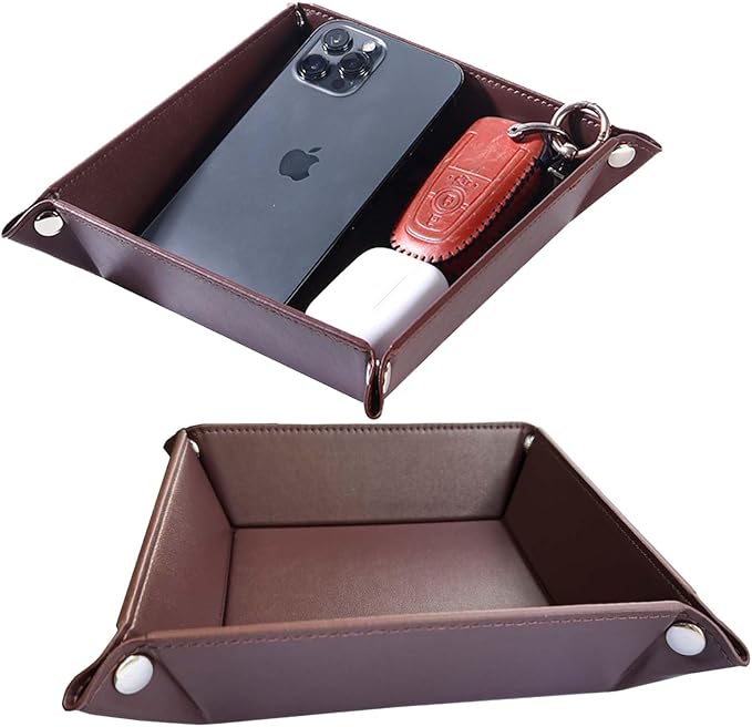 Valet Tray for Men Women 2 Pack - PU Leather Travel Catchall Tray Organizer - Desk Bedside Nightstand Storage Box for Jewelry Key Phone Remote Controller Wallet Watch Glasses Readers -Square