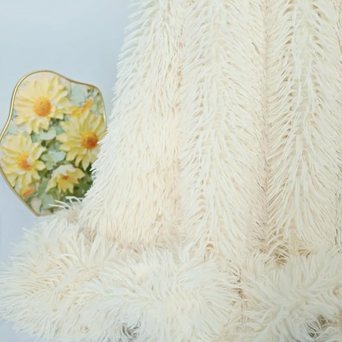 Plush Super Soft Blanket Bedding Sofa Cover Furry Fuzzy Fur Warm Throw Qulit Cozy Couch Blanket for Winter (51"x63", Cream)
