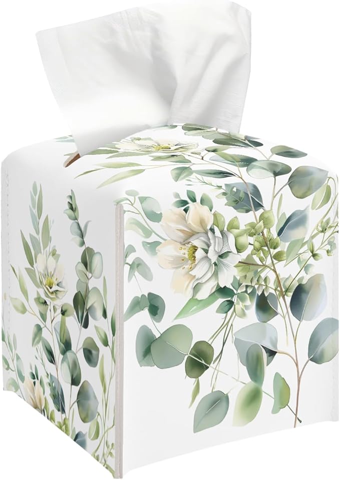 Leaves and Flowers Tissue Box Cover, Watercolor Green Tissue Holder Square with Bottom Belt for Home Bathroom Office Vanity Countertop, Housewarming Gifts Ideas for Women Friends Mom Bestie -01