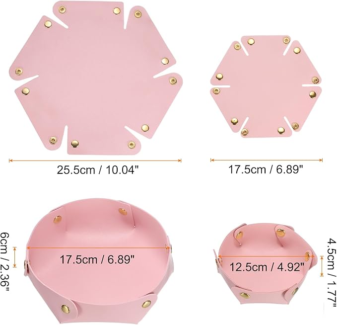 HARFINGTON 2pcs PU Leather Valet Tray Unisex Valet Tray Folding Round Catchall Tray Portable Entryway Table Tray Nightstand Bedside Desk Tray for Key Watch Coin Jewelry Dice, Pink