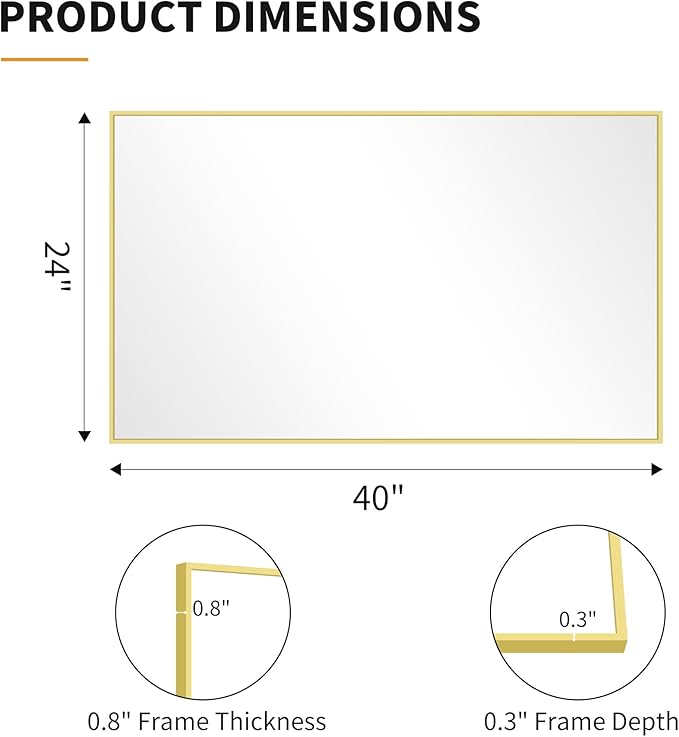 KOCUUY Gold Bathroom Mirror, 24"x40" Rectangle Bathroom Mirror for Wall, HD Tempered Glass, Anti-Rust Frame, Modern Design for Bathroom, Bedroom, Living Room, Entryway