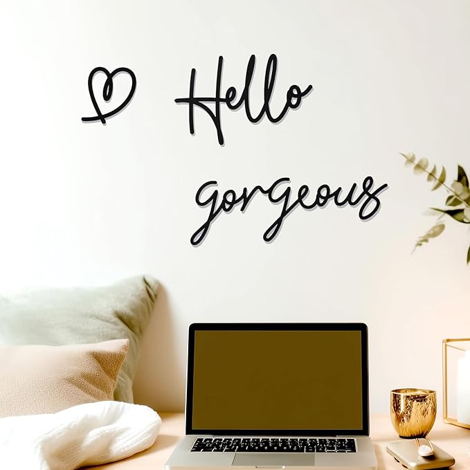 Bnesi Hello Gorgeous Heart Sign Wall Decor Black Metal Wall Decor Modern Hello Gorgeous Elegant Metal Wall Art Decor for Bathroom, Bedroom, Lash room (Black, Large)
