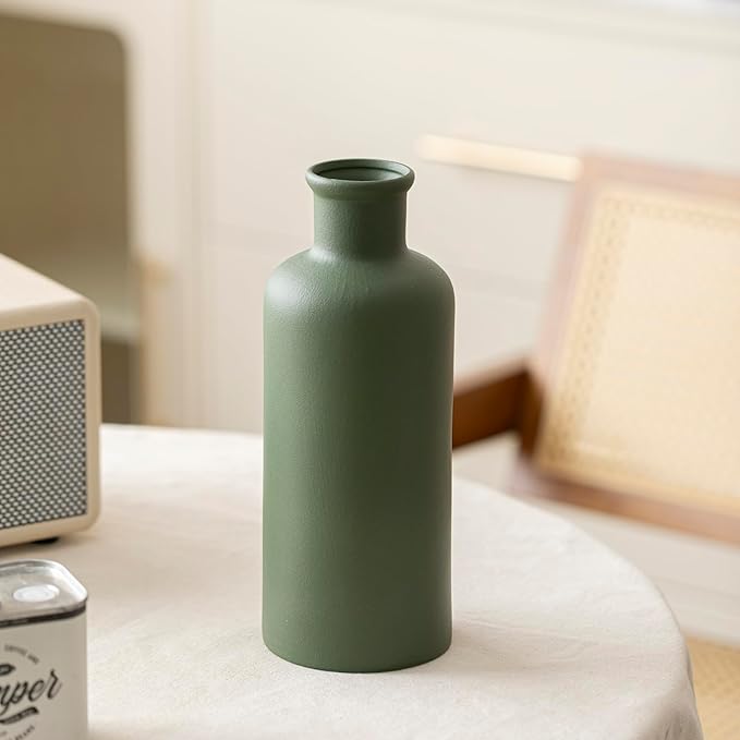 Green Ceramic Vase for Flowers, Modern Decorative, 10 Inch Tall, 4 Inch Width, Farmhouse Style Home Decor for Pampas Grass, Living Room, Dining Table, Office Decor, Kitchen Shelf (Mattte Green)