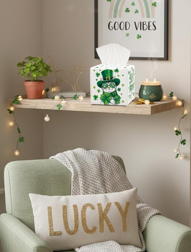 St.Patrick's Day Napkin Tissue Box Cover, Cat Shamrock Waterproof Leather Paper Organizer Dispenser for Table Dining, Bathroom, Nightstand Vanity, Car, Housewarming Gift Ideas, A