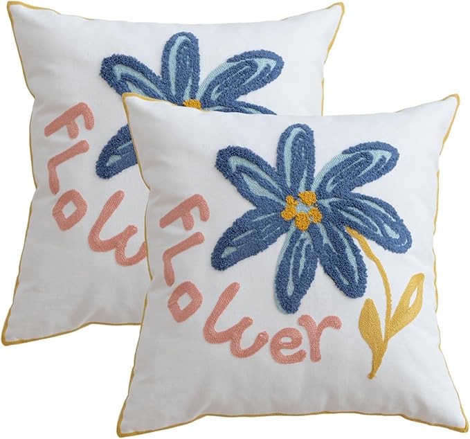 YIcabinet Pillow Covers Set of 2, Embroidered Blue Flower Pattern Throw Pillow Cover,Square Cotton Cushion,Pillow Case for Sofa Bedroom Couch,18"x18"