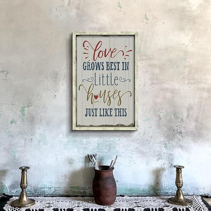 Rustic Home Sign Wall Decor: Farmhouse Family Quotes Wood Framed Art Print Inspirational Love Saying Picture Artwork for Bedroom Living Room Country House Decorations