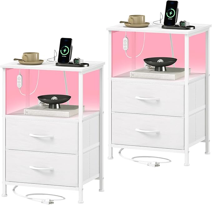 Somdot Nightstands Set of 2,End Tables with Charging Station and LED Lights,Night Stand with 2 Fabric Drawers, End Table with Open Shelf, Small Nightstand for Bedroom, White Leather