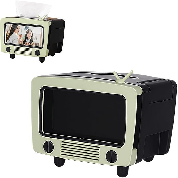 SGVAHY Tissue Box Holder Retro TV Tissue Box Cover Cute and Practical Cell Phone Holder Tampon Holder for Bathroom Kitchen Bedroom Dressers Desks and Tables Night Stands Creative Gift(Light Green)