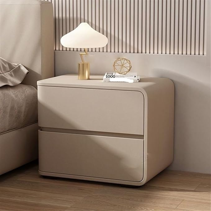 Modern Bedside Table, Solid Wood, Cream Leather, Luxury Night Stand with 2 Drawers (Khaki, Right)