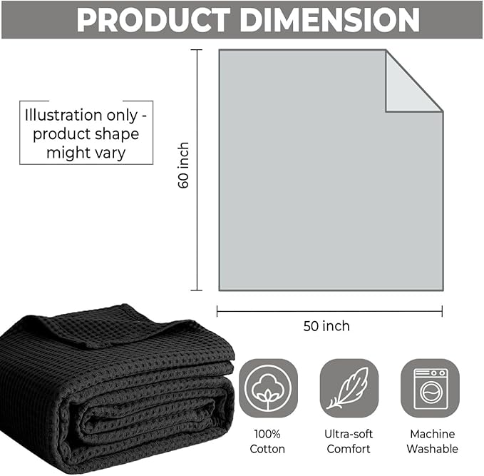 100% Cotton Blankets for Bed - Waffle Weave Blankets for Summer, Lightweight and Breathable Soft Woven Blanket for Spring (Black, Throw (50" x 60"))