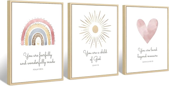 Boho Nursery Wall Art 3 Pieces Bible Verse Nursery Art Christian Girls Nursery Wall Art Heart Rainbow Sun Nursery Art Print Boho Sunshine Nursery Decor for Girl Baby Kid Room Decor 12x16 Inch FRAMED