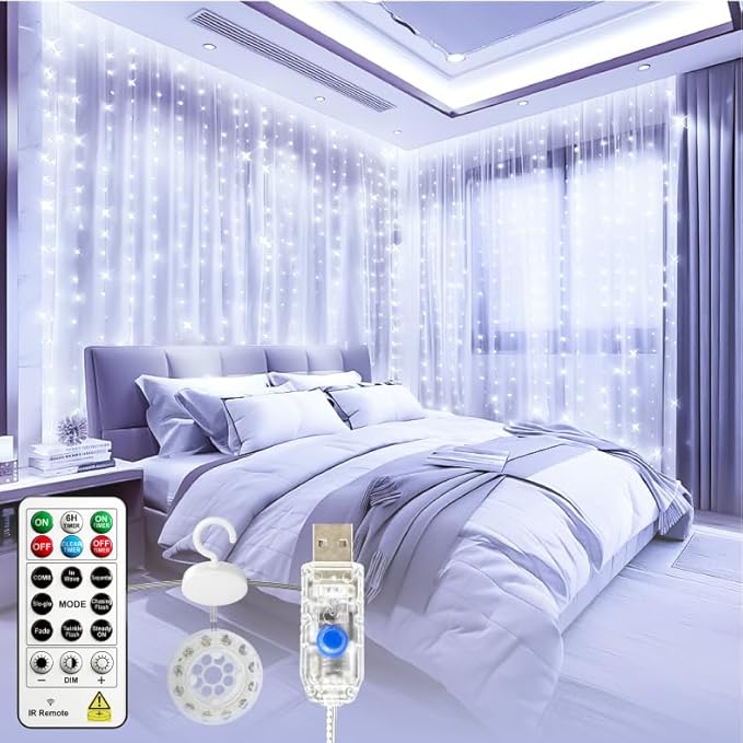 HXWEIYE 300LED Untangled Curtain Lights, 9.8x9.8Ft USB Fairy Twinkle String Lights with Remote and DIY Timer, 8 Modes Window Wall Hanging Light for Bedroom Dorm Backdrop Room Decor, White