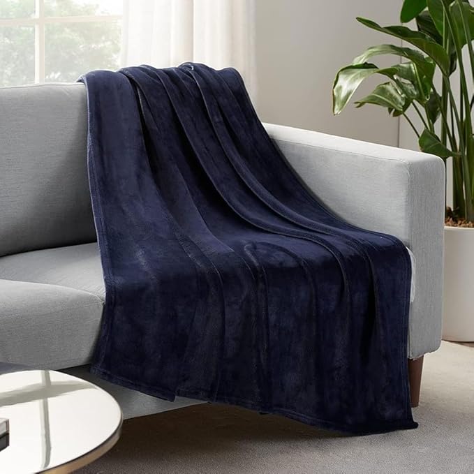 Serta Cozy Plush Thick Fuzzy Super Soft Lightweight Throw Blanket for Bed, Couch, or Travel, Queen (90 in x 90 in), Navy