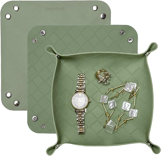 UnionBasic Small Valet Tray, Jewelry Tray for Rings Watches Earrings, Entryway Catchall Caddy for Coins Keys Change, Nightstand Bedside Valet Holder, Trays for Electronic Gadgets, Woven Matcha