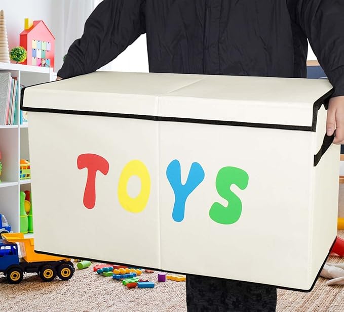 Toy Box Chest, Collapsible Sturdy Storage Bins with Lids, Extra Large Kids Toy Storage Organizer Boxes Bins Baskets for Kids, Boys, Girls, Nursery Room, Playroom, Closet (New Beige)