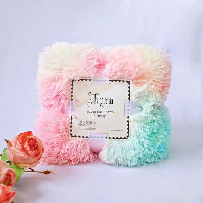 MYRU Plush Super Soft Blanket, Colorful Bedding Sofa Cover, Furry Fuzzy Faux Fur Throw, Cozy Tie Dye Shaggy Couch Blanket (51"x63", Rainbow)