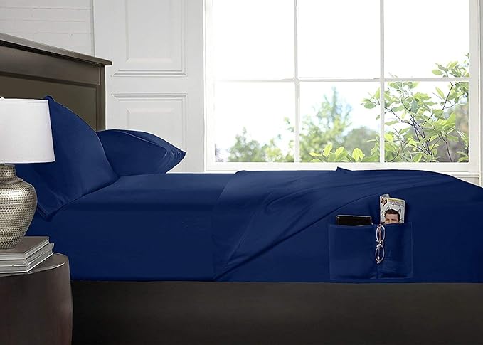 Swift Home Smart Sheets, Ultra Soft Brushed Microfiber 4-Piece Sheet Set, Fitted Bed Sheet with Side Storage Pockets – Navy, Queen