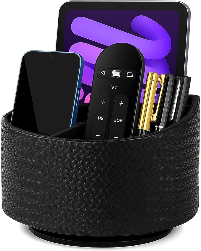 Remote Control Holder 360° Spinning Controller Holder TV Remote Caddy End Table Organizer Storage Bedside Nightstand Couch Caddy of Couch for Call Phone PU Leather Side Table Organizer