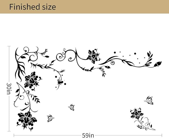 Supzone Flowers & Butterflies Wall Decals - DIY Black & Floral Wall Stickers for Bedrooms & Living Rooms
