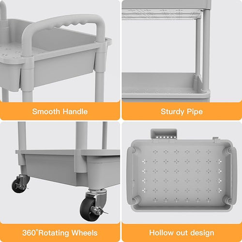 3 Tier Rolling Utility Cart with Handle,REBECAT Utility Cart Made of Multifunctional Storage Organizer Tool for Kitchen,Bathroom,Living Room,Office(Gray)