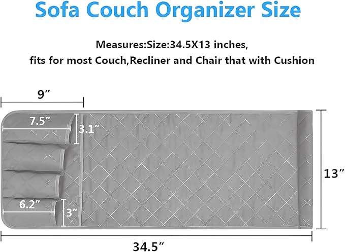 Sofa Armrest Organizer Non-Slip Arm Chair Bedside Caddy Storage Organizer for Recliner Couch with 5 Pockets for Cell Phone TV Remote Control Magazines (Grey)