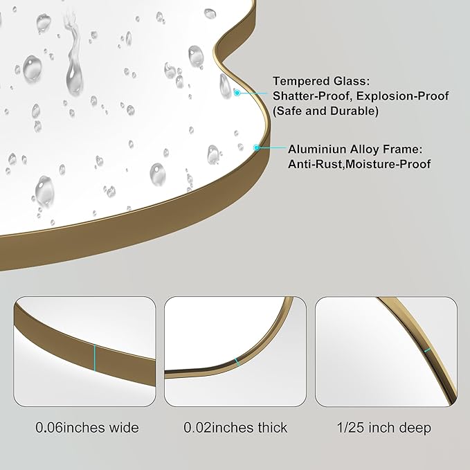 Itrue 26×46 Inch Irregular Wall Mirror, Brushed Gold Metal Frame Asymmetrical Bathroom Vanity Mirror, Silver-Backed HD Tempered Glass Mirror for Over Sink, Living Room, Entryway