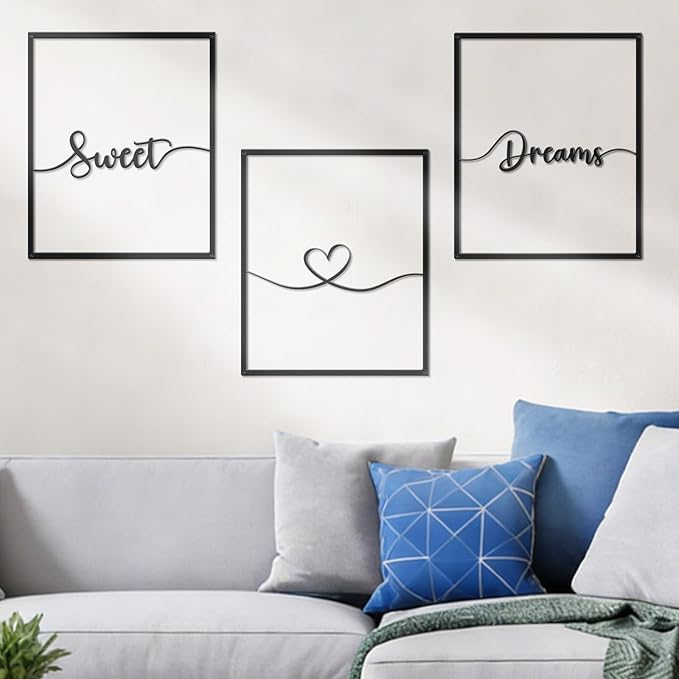 Bnesi Large 3 PCS Bedroom Wall Decoration Sweet Dream Metal Sign Bedroom Wall Decor Set Black And White Wall Art for Bedroom Wall Decor Above Bed Unique Wall Art (Dream)