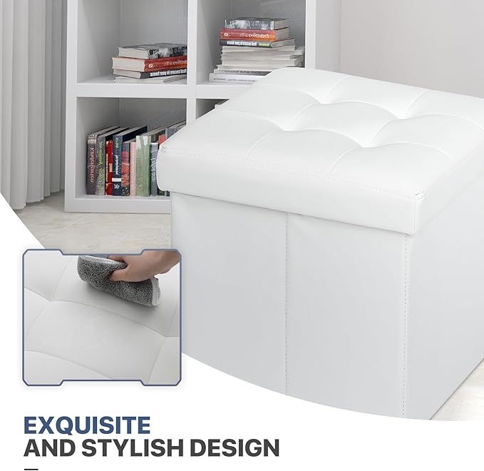 MoNiBloom 15 Inch Storage Ottoman Cube, 11 Gal. Folding Ottoman Foot Rest Stool, PU Leather Small Footrest with Storage for Living Room, Bedroom, Entryway, Hallway, White