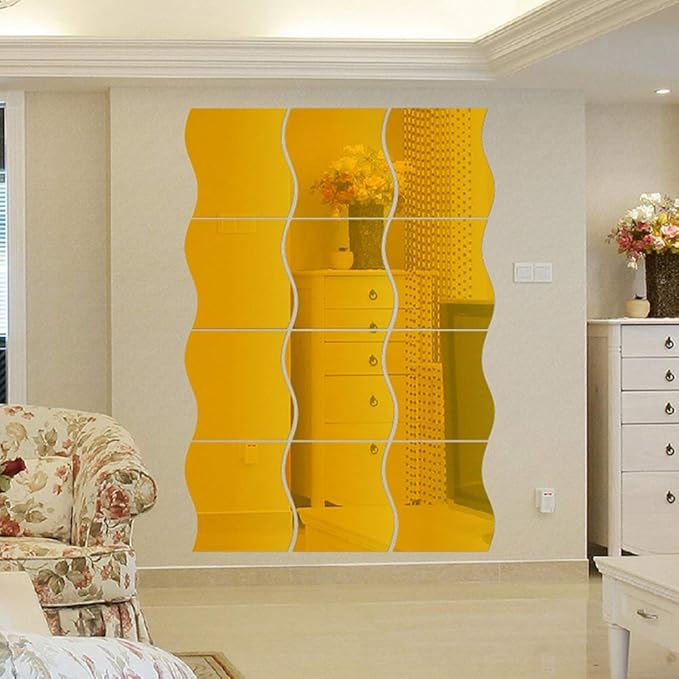 12PCS Wavy Mirror Wall Stickers, Full Length 3D Art DIY Home Decorative Acrylic Sheet Plastic Tiles for Living Room Bedroom Sofa TV Setting Wall Decoration Decor