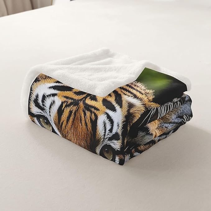 Tiger Blanket Throw, 3D African Wildlife Feline Carnivorous Animal Lying On The Stone Minimalistic Style Fleece Blanket, Decorative Sofa Sherpa Blanket Lightweights, Baby 30"x40", Black White