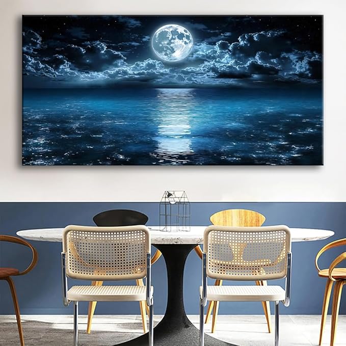 Big Moon Canvas Wall Art - Modern Seascape Paintings for Living Room, Bedroom Wall Decor, Framed Wall Art for Home or Office Decoration, Large Wall Art 60x30in