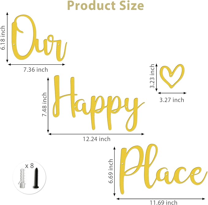Our Happy Place Sign Metal Wall Decor Hanging Art Words Home Decor for Patio, Living Room, Bedroom, Kitchen, Bathroom and More, Gold