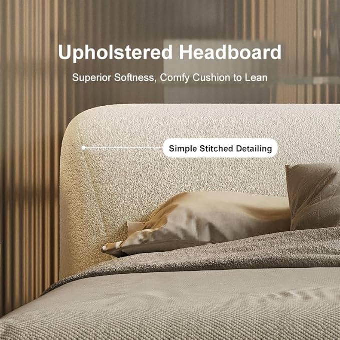 homary Queen Size Upholstered Bed Frame with 2 Three-Drawer Nightstands – Modern Bedroom Set with Wireless Charging, USB Ports, Faux Leather & Bouclé Upholstered Bed Platform with Headboard