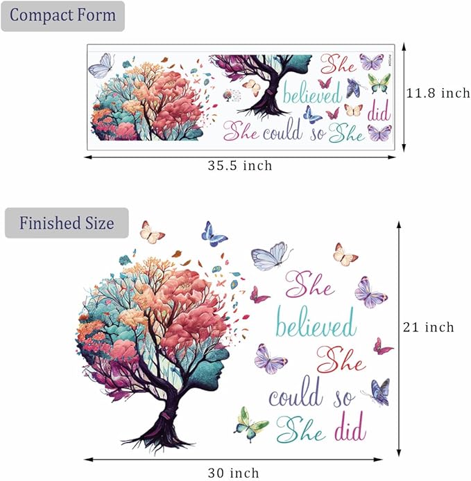 Inspirational Quotes Wall Art - 'She Believed She Could So She Did' Tree & Butterfly Decal Stickers for Women & Girls Bedroom & Living Room Decor