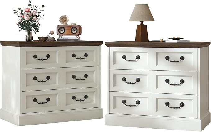 27.6" Wide Farmhouse Nightstand with Charging Station, 3 Drawer Nightstands Set of 2, Larger Side Table End Table, Modern Night Stand for Bedroom, Living Room, White Nightstand
