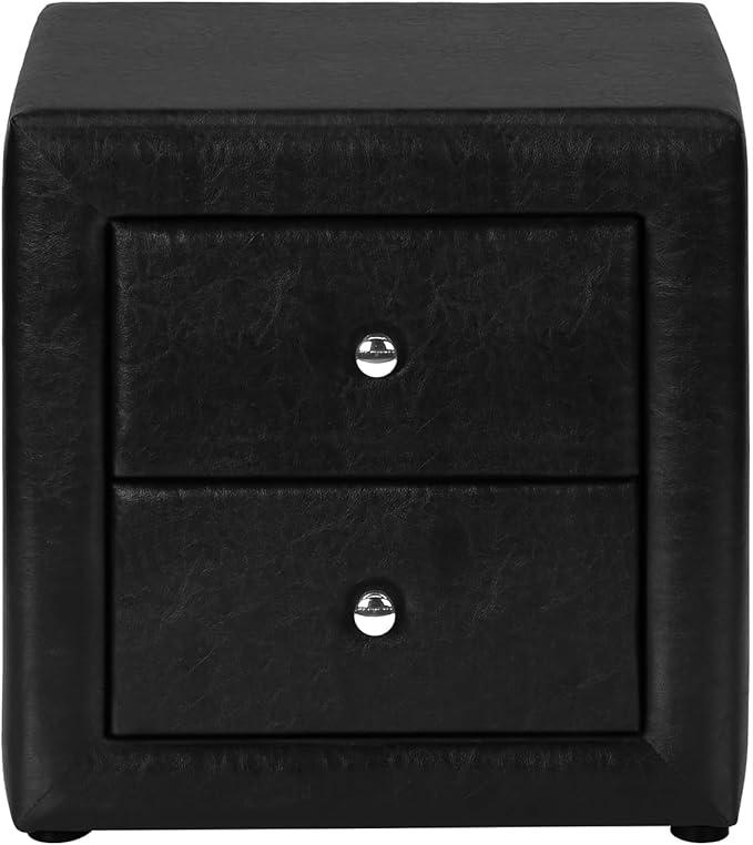 End or Side Table Nightstand with Upholstered Black Leather Look and Storage Drawer for Bedroom