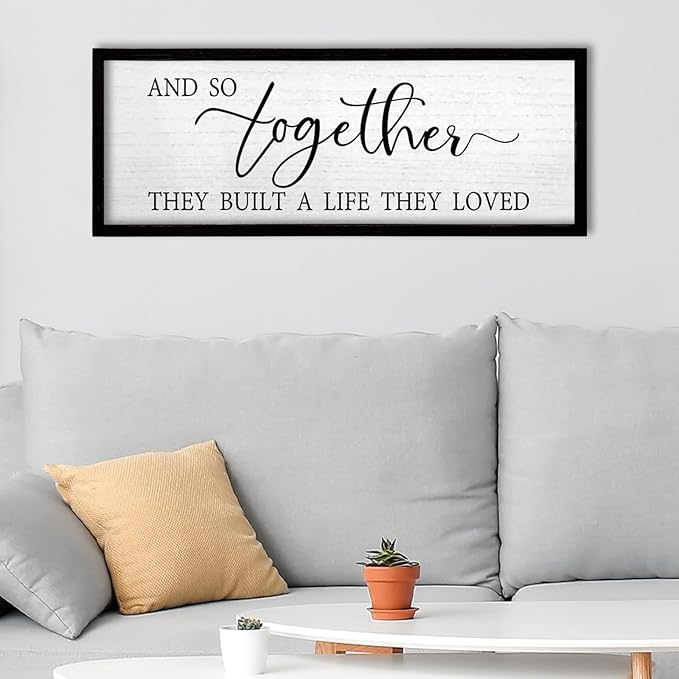 TQianJiang And So Together They Built A Life They Loved Above Bed Wall Decor 24"X10" for Master Bedroom Over Bed Sign Large Wood Framed Wall Hanging Art (Black)