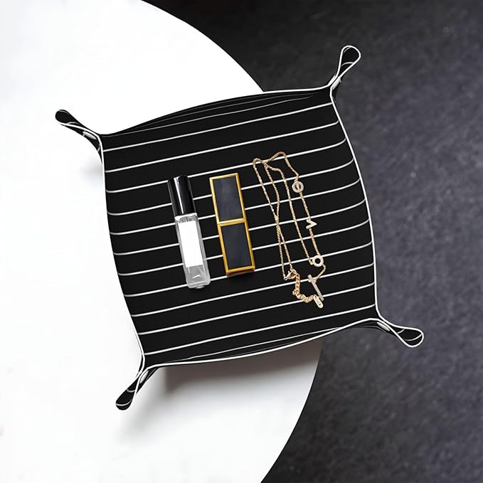 White Lines On Black Simple Valet Tray Leather Desktop Storage Organizer Bedside for Jewelry Keys Coin Sundries