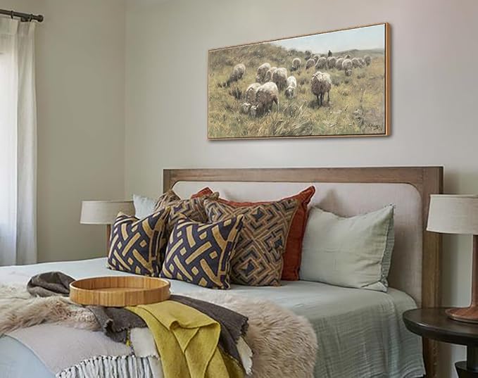 DJSYLIFE Farmhouse Framed Wall Art, Sheep on the Dunes Wall Picture, Vintage Sheep Oil Painting Canvas Print, Large Artwork for Living Room Bedroom Decor, Home Decorations 20x40 Inch