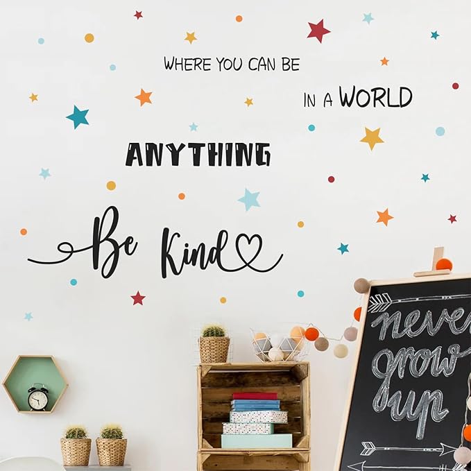 HLNIUC Be Kind Quotes Wall Sticker(35”x12”)In a World Where You Can Be Anything Art Decal,Motivational Sayings Star Wall Decals,Colorful Dots Inspirational Words Room Stickers for Kids Bedroom,Nursery