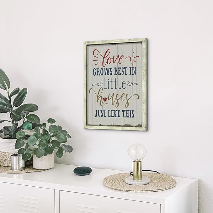 Farmhouse Family Wood Wall Decor: Rustic Home Sign Framed Art Picture Love Grows Best in Little Houses Inspirational Quote Print Artwork for Bedroom Living Room Kitchen Decorations