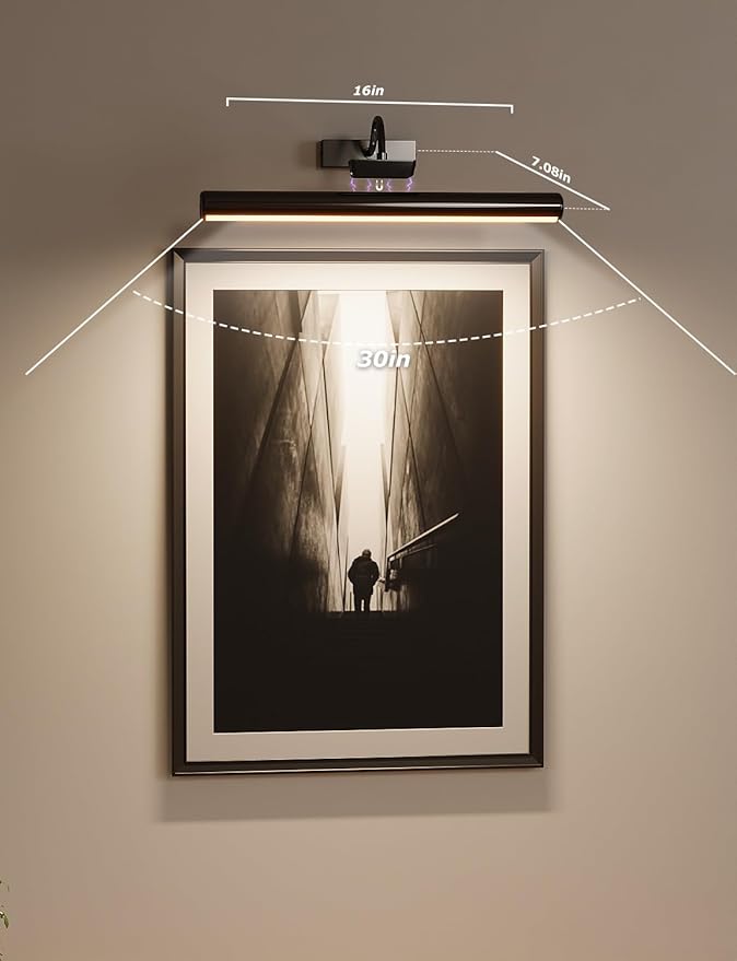 Picture Light with Remote, 16in Battery Operated Picture Lights for Wall 5000mAh, 3 Color Modes and Dimmable LED Art Lighting with Timer for Painting, Frame, Gallery (Black-1Pack)
