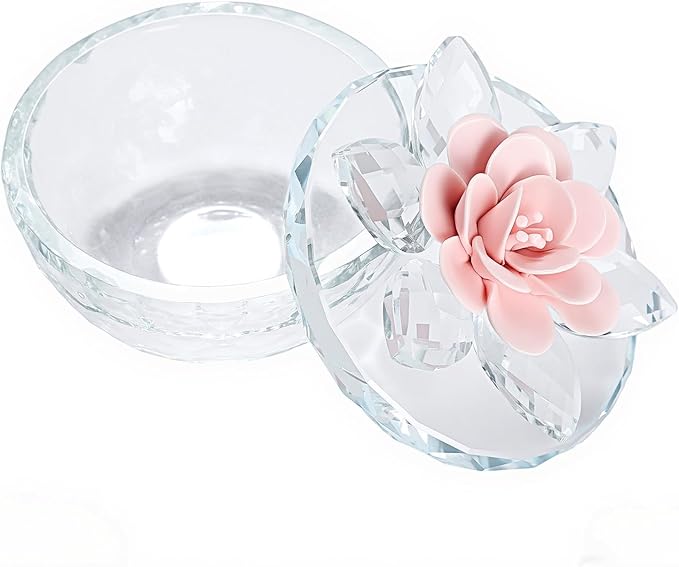 Crystal Jewelry Box for Women, Small Glass Trinket Jar with Lid, Clear Lotus Flower Storage Holder Elegant Organizer Dish for Ring, Earrings, Necklace, Gift (Pink Flower)