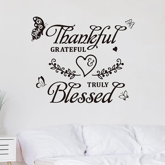 Family Wall Stickers for Living Room: Inspirational Home Quotes Vinyl Art Wall Decals for Kitchen Dining Room Bedroom Bathroom Apartment - Thankful Grateful Blessed 18" X 15"