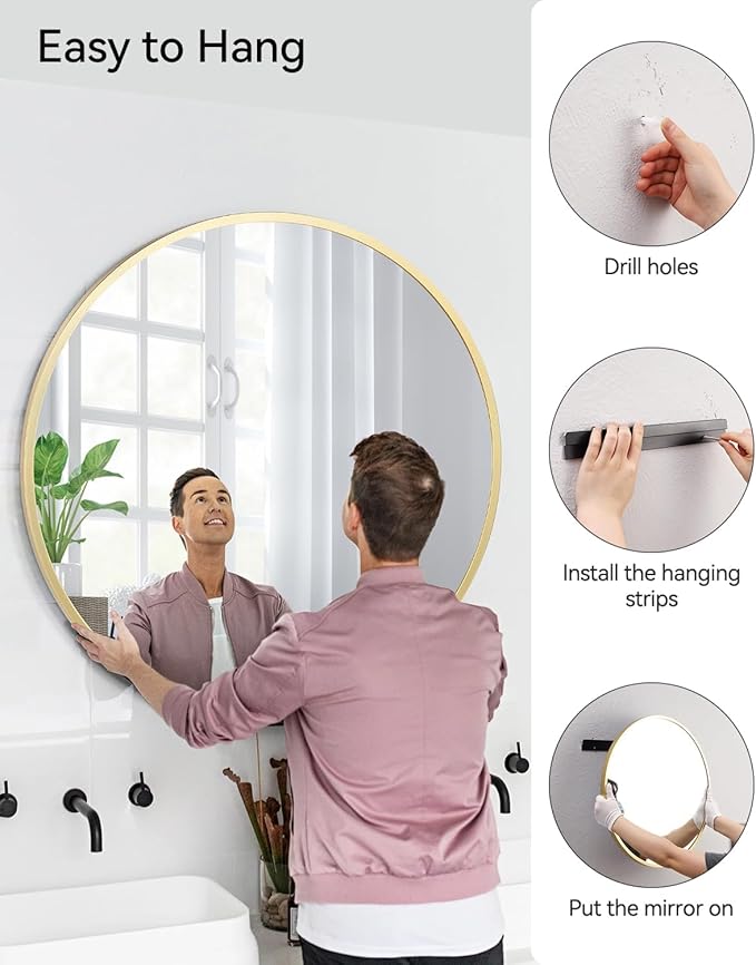 24 Inch Round Mirror, Gold Circle Mirror for Bathroom, HD Eco-Friendly Round Bathroom Mirror for Over Sink, Small Matte Gold Metal Framed Wall Mirror for Wall, Vanity, Entryway, Easy to Install