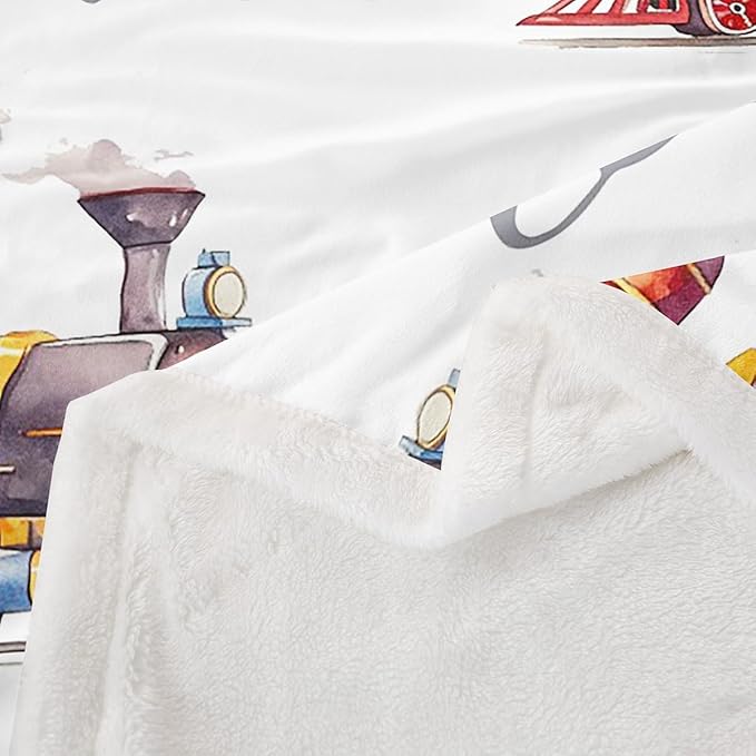Train Plush Blanket Throw Equipment Trucks Fleece Bed Blanket Construction Vehicle Tractor Sherpa Blanket For Kids Boys Bedroom Decor Cartoon Watercolor Fuzzy Blanket Sofa Decor Queen 90"x90"