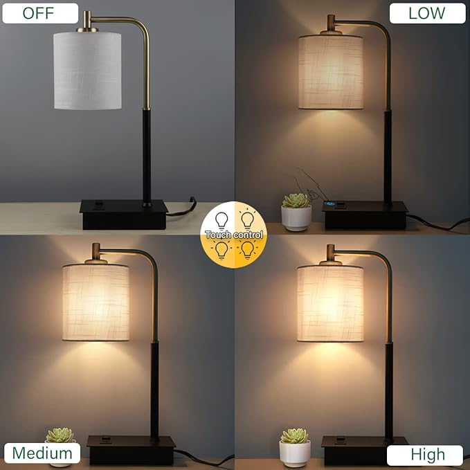 2-Pack Touch Bedside Lamps - 3-Way Dimmable with USB A+C & AC Outlet, 2700K Warm White LED Table Lamps for Bedroom/Living Room/Office, White Linen Shade (Include 2 Bulbs)