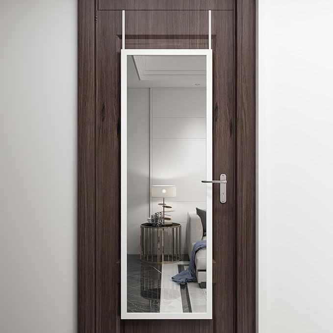whitebeach 48" x 16" Over The Door Full Length Mirror Wall Mounted Hanging with 2 Metal Hangers for Bedroom Living Room Bathroom White